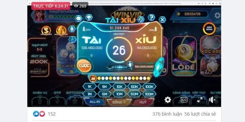 Giao diện bàn chơi tài xỉu Sunwin